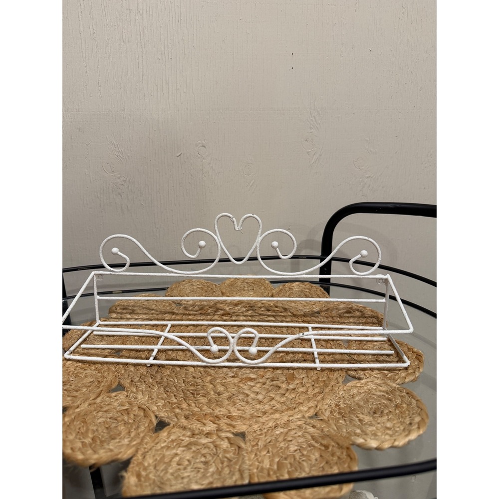 Vintage White Wire Wall Shelf Heart Scroll Metal Floating Spice Rack Shabby Chic